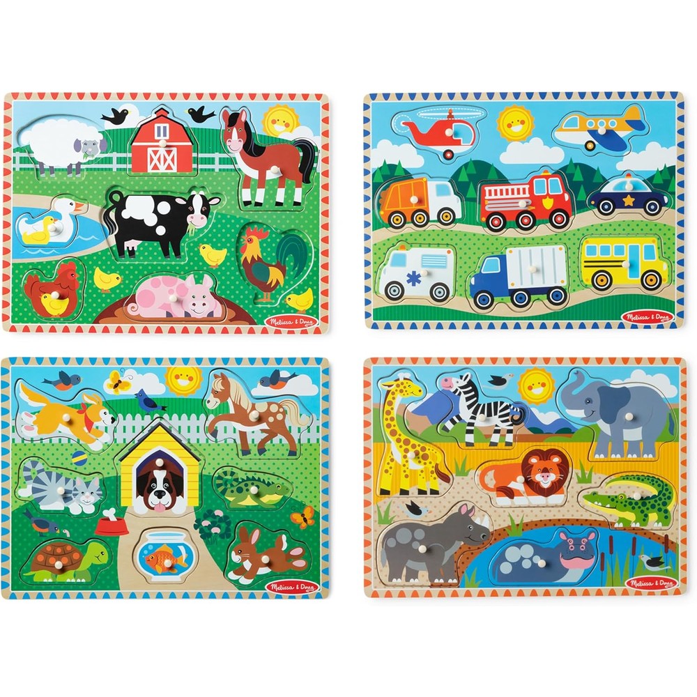 Melissa And Doug Wooden Peg Puzzle Set four pack front view showing Farm and Vehicles boards