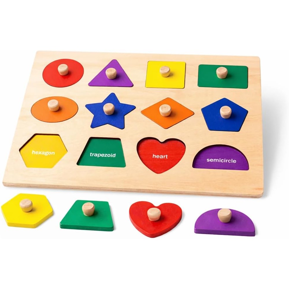 LiKee Wooden Shape Peg Puzzle Board front view showing colorful geometric pieces with wooden knobs.