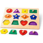 LiKee Wooden Shape Peg Puzzle Board front view showing colorful geometric pieces with wooden knobs.