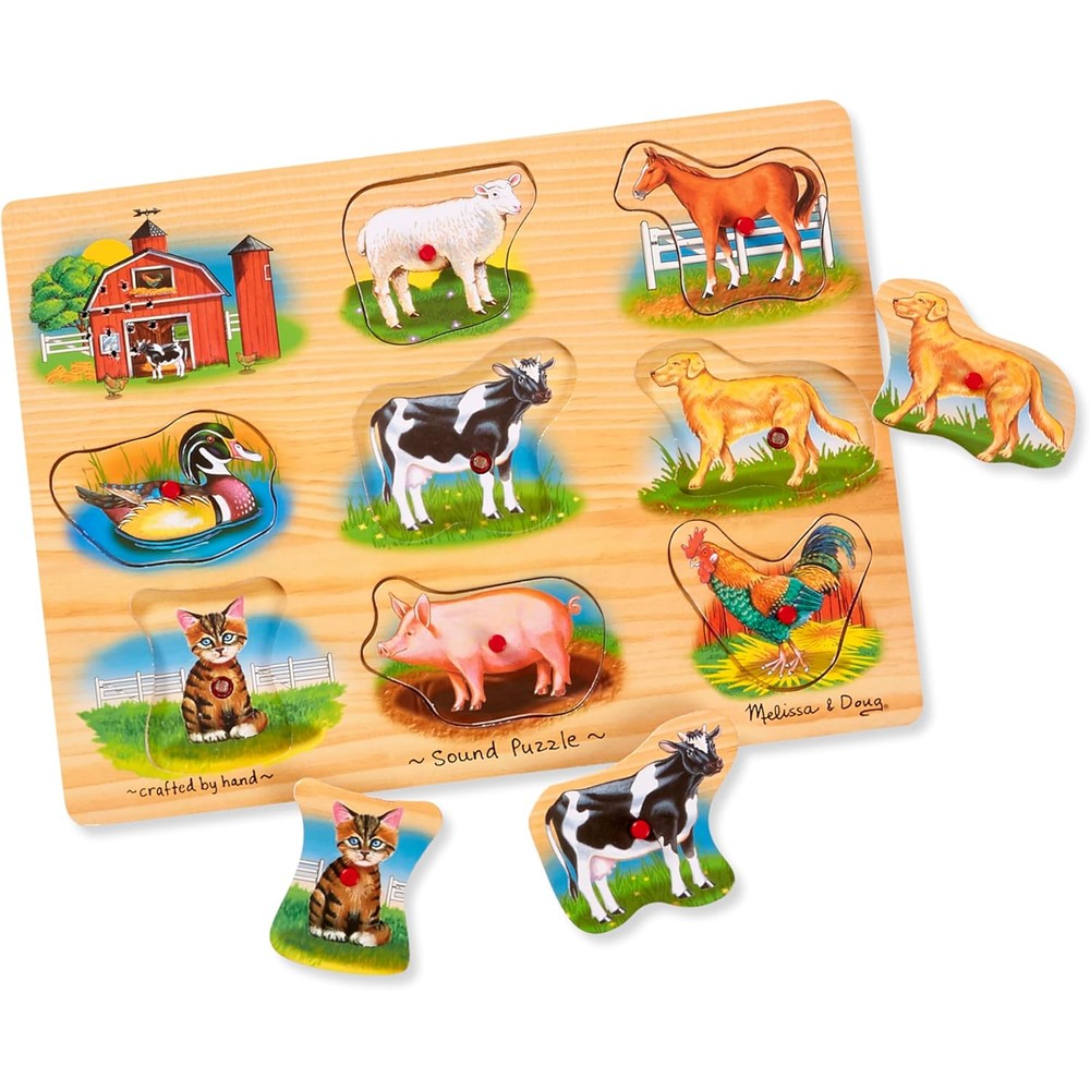 Melissa & Doug Farm Sound Puzzle wooden board with animal pegs
