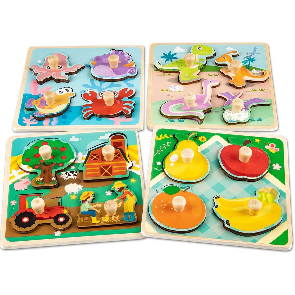 Funsland wooden toddler puzzles front view displaying four different animal and fruit educational boards.