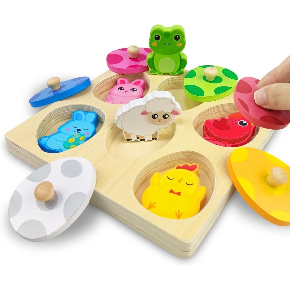 OCBTOW Easter wooden pegged puzzles front view showing egg shaped pieces and toddler educational board