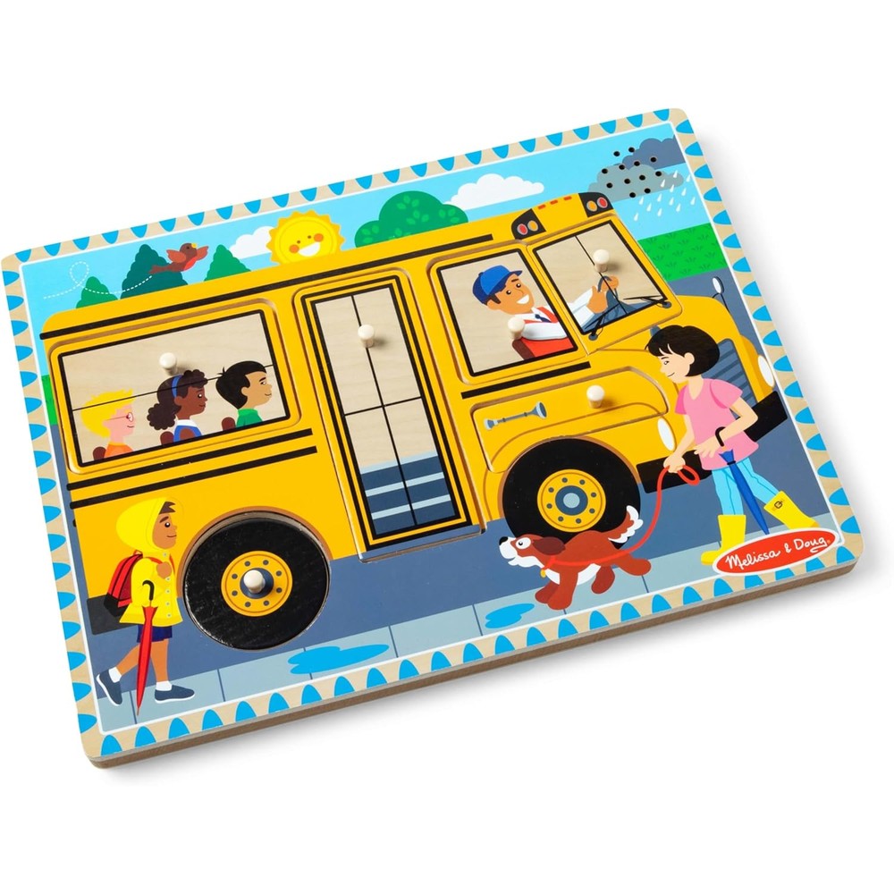 Melissa & Doug Wheels On The Bus Sound Puzzle front view showing the complete yellow school bus illustration.