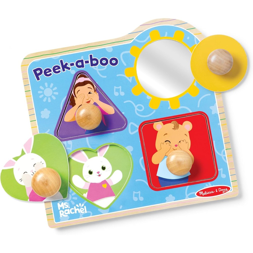 Melissa and Doug Ms Rachel Peek-A-Boo Jumbo Peg Wooden Puzzle front view showing four geometric shapes and large wooden knobs.