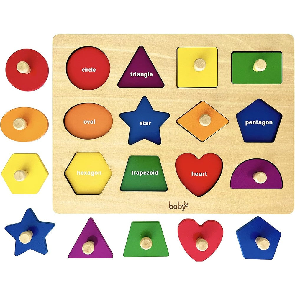 D Dailyfunn Montessori Wooden Shape Peg Puzzle front view displaying twelve colorful geometric pieces on a natural wood board.