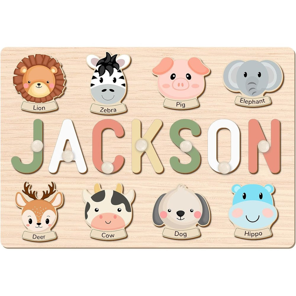 Greatabox personalized wooden name puzzle front view showing custom toddler alphabet board with colorful animal inserts.