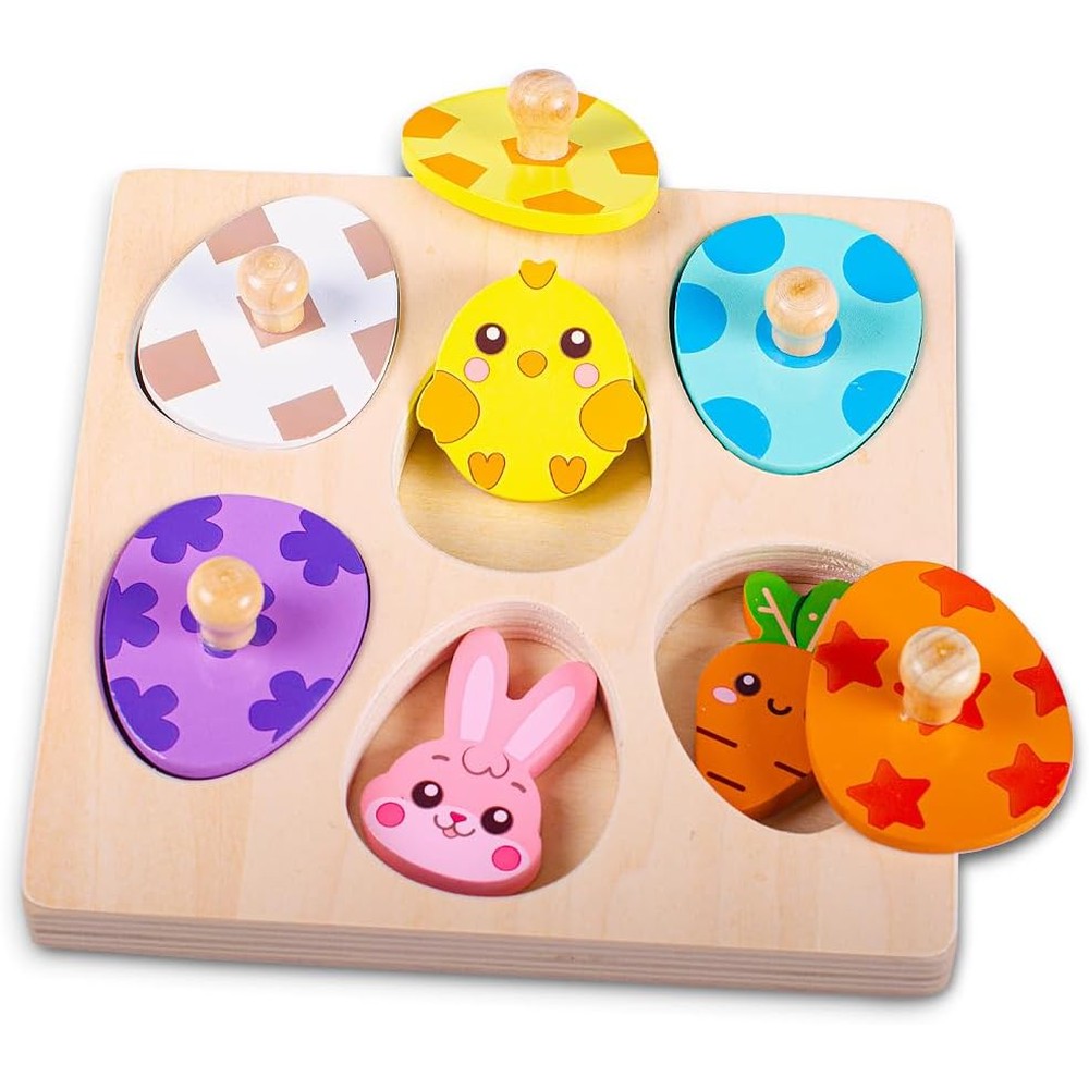Waybla Easter themed wooden peg puzzle board front view showing colorful egg covers with knobs