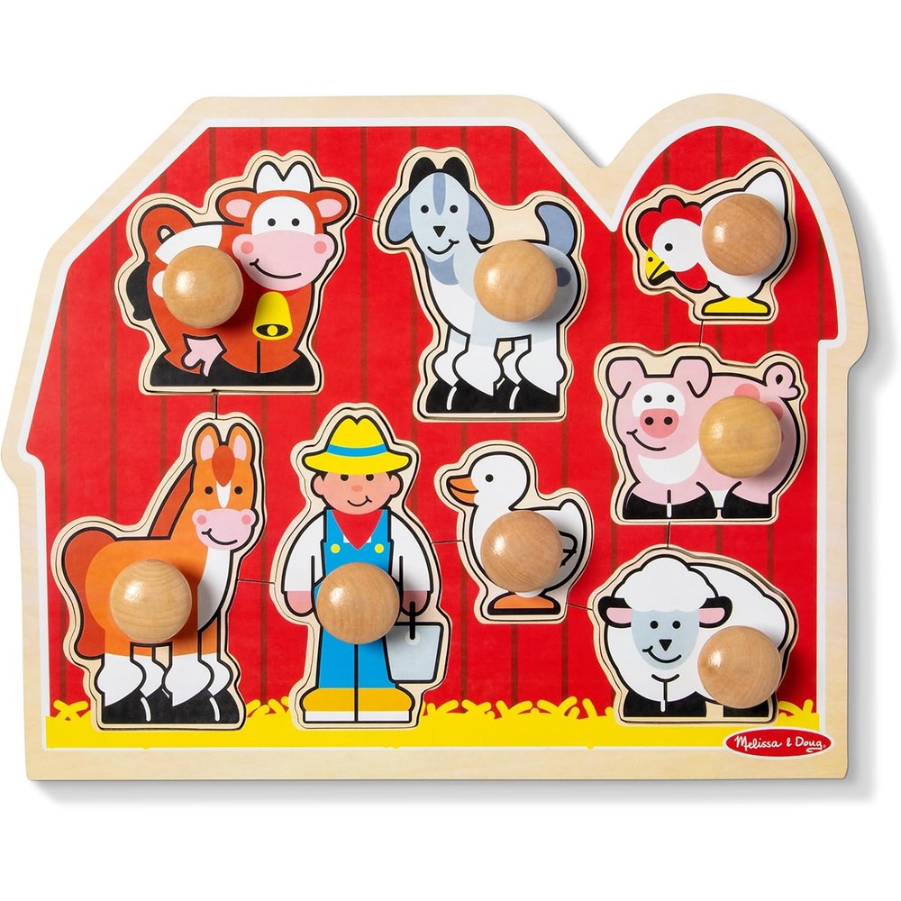 Melissa & Doug Farm Animals Jumbo Knob Wooden Puzzle front view showing 8 pieces