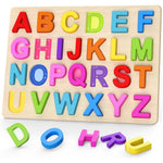 Zeoddler wooden alphabet puzzle board front view showing twenty six colorful uppercase letters