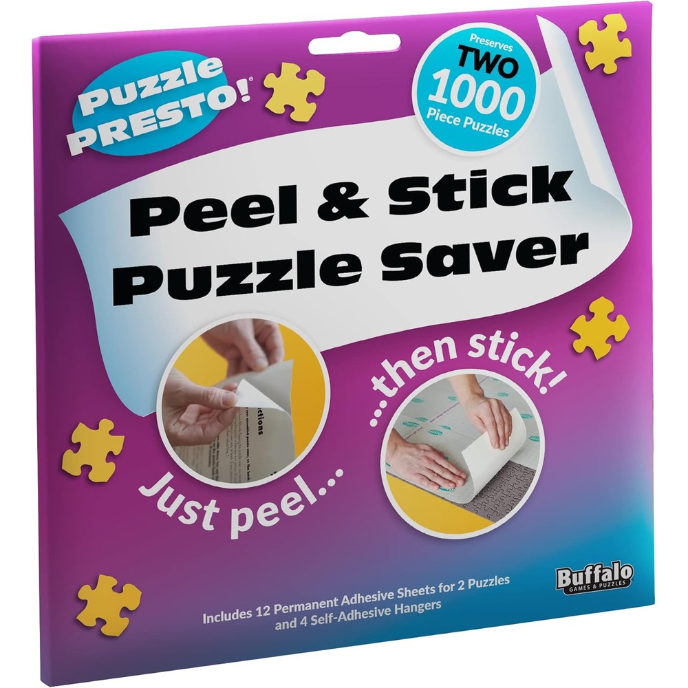 Buffalo Games Puzzle Presto Peel and Stick Puzzle Saver retail packaging front view showcasing premium adhesive sheets.