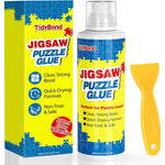 Tidybond jigsaw puzzle glue bottle front view showing the integrated sponge tip applicator