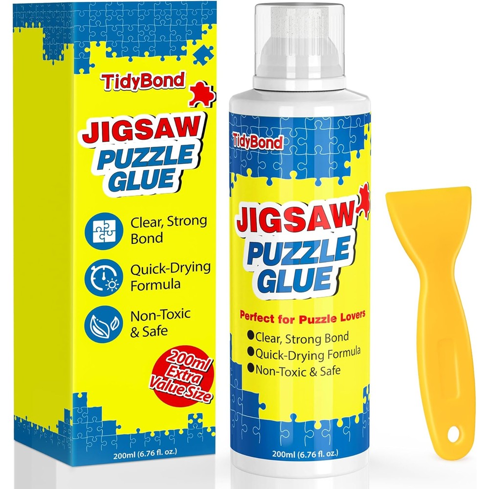 Tidybond jigsaw puzzle glue bottle front view showing the integrated sponge tip applicator