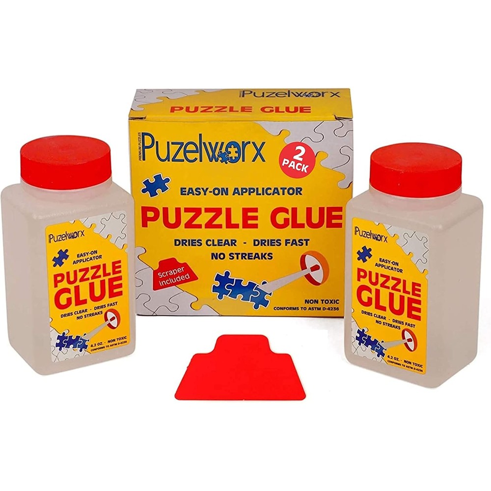 Playkidz PuzzleWorx Jigsaw Puzzle Glue front view of two pack boxes with applicator scraper