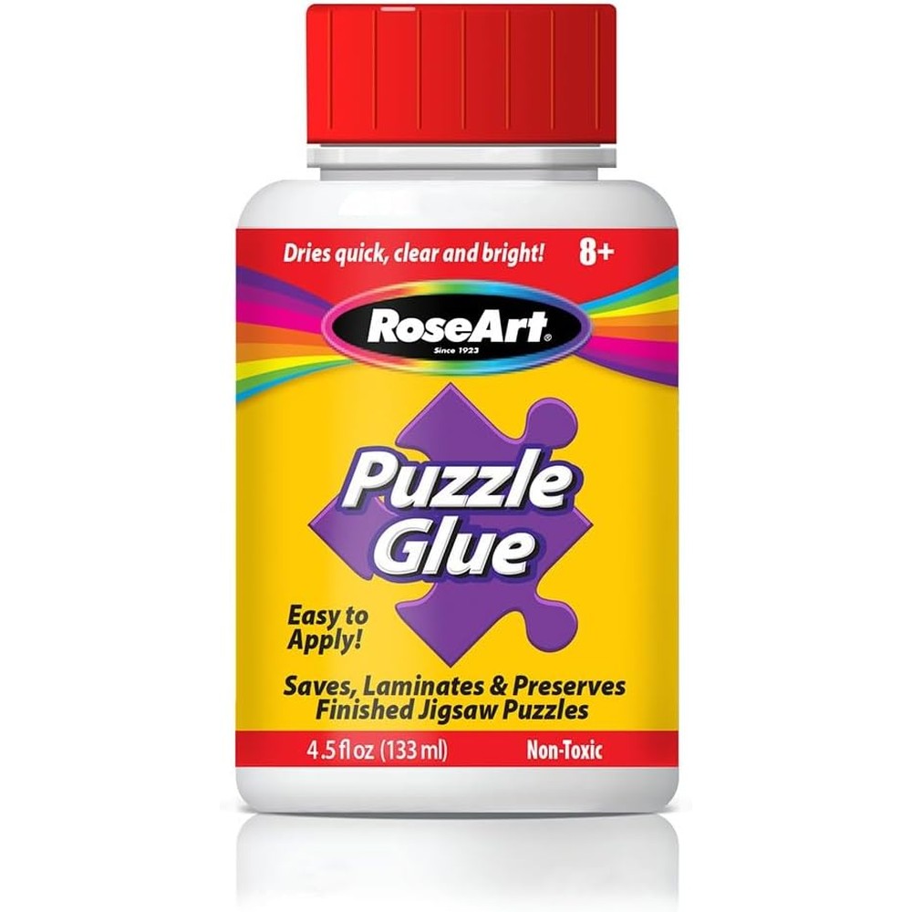 RoseArt Jigsaw Puzzle Glue with Applicator front view bottle with red cap