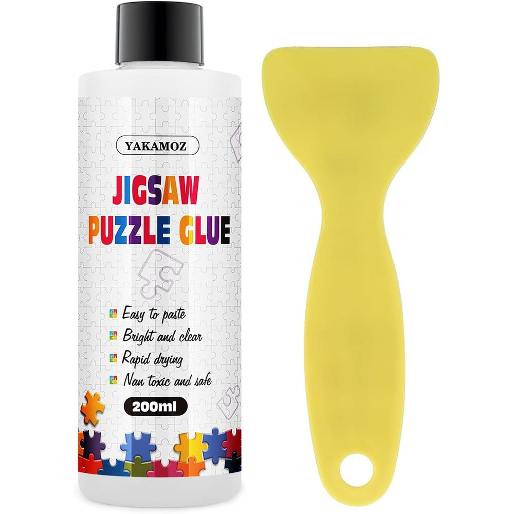 YAKAMOZ clear jigsaw puzzle glue 200 millilitre bottle front view showing the liquid adhesive packaging.