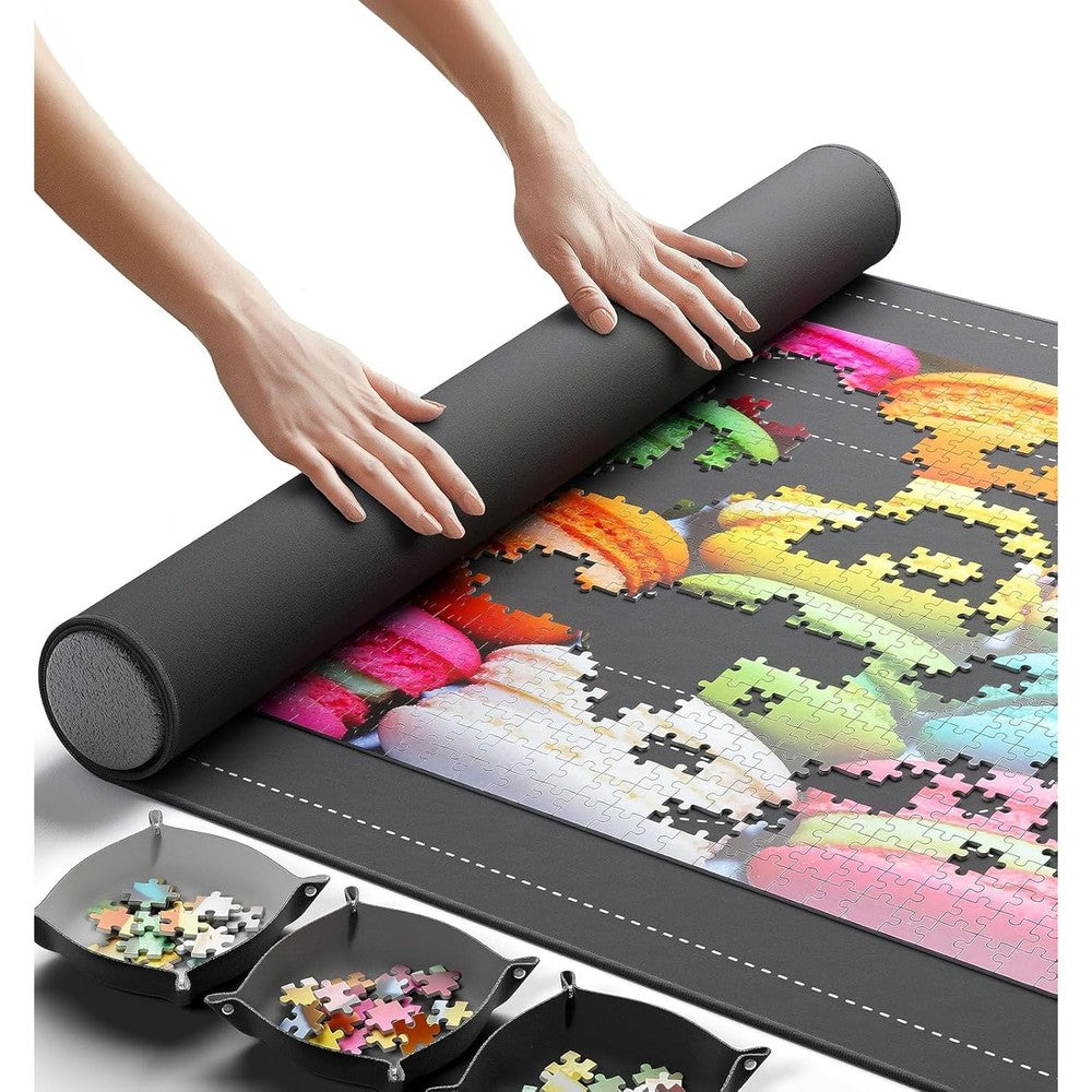 Newverest jigsaw puzzle mat roll up system shown from the front with a half completed puzzle on a table
