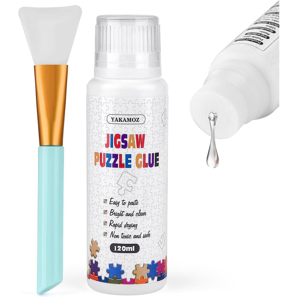 YAKAMOZ clear jigsaw puzzle glue 120 millilitre front view showing the bottle and applicator head