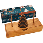 BSIRI Tower of Hanoi wooden puzzle game front view highlighting nine rings stacked on a natural wood base board.
