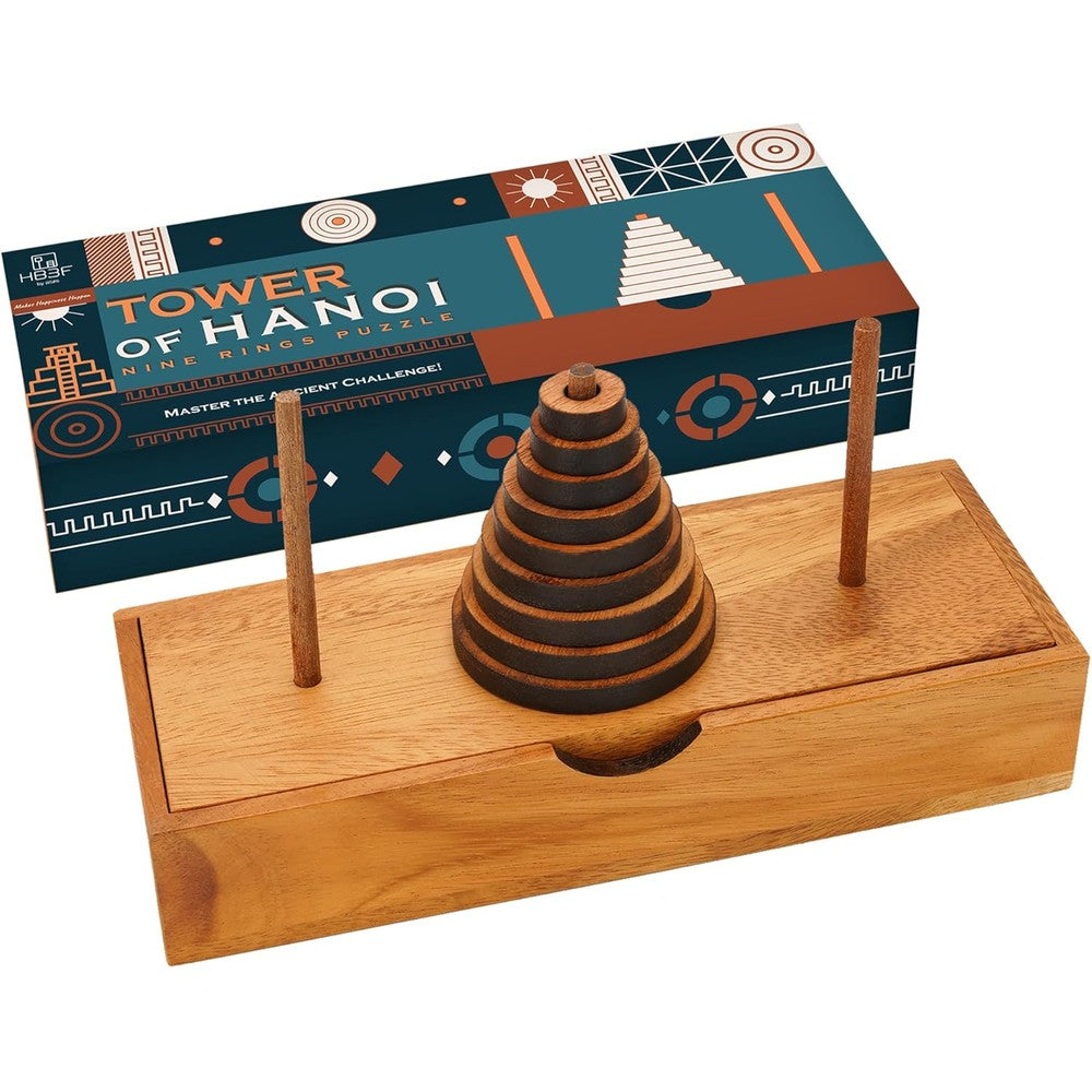 BSIRI Tower of Hanoi wooden puzzle game front view highlighting nine rings stacked on a natural wood base board.