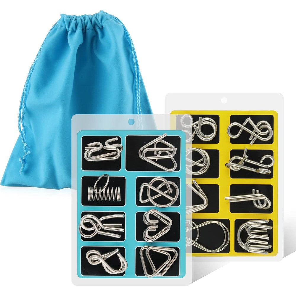 Coogam metal wire puzzle set of sixteen pieces front view with storage pouch