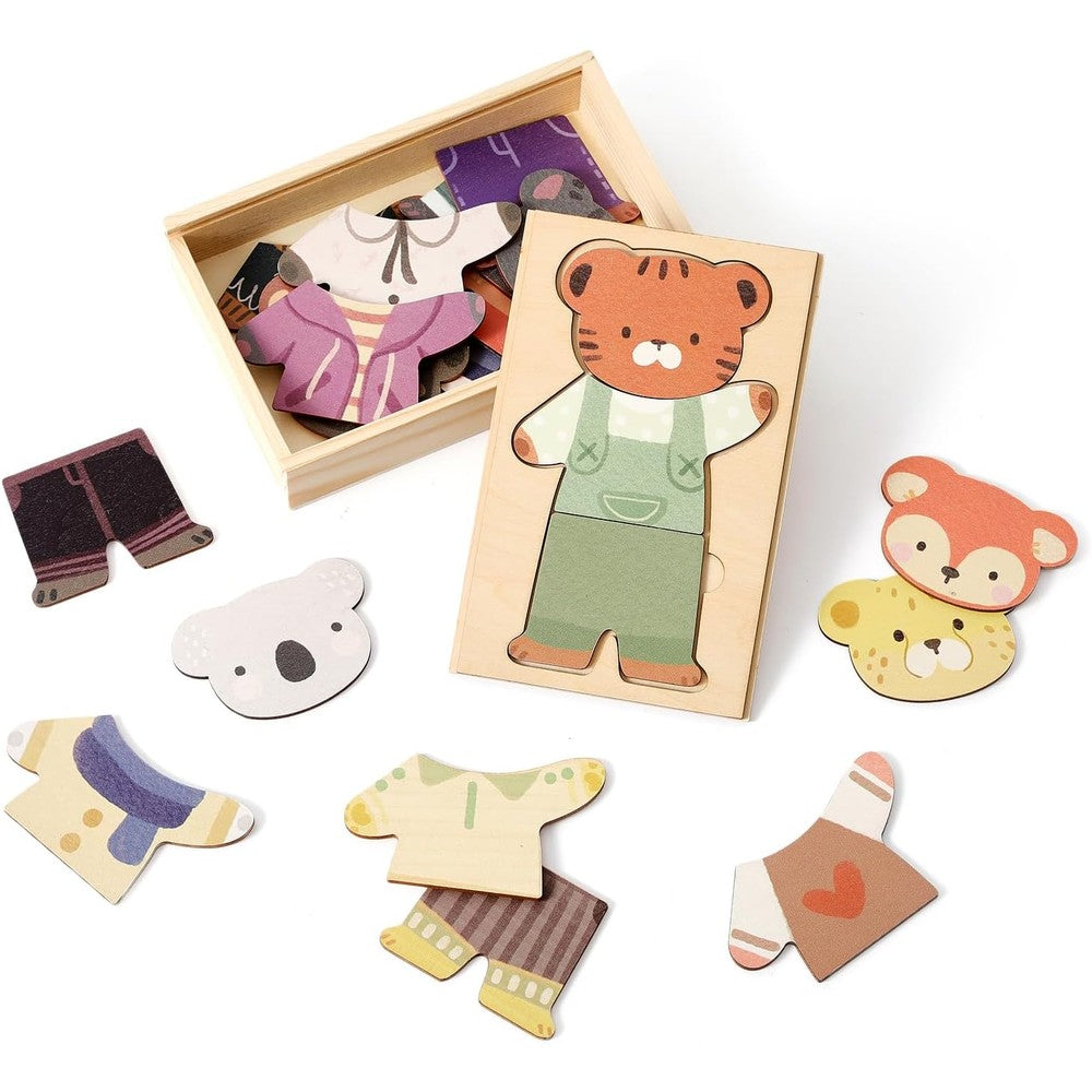 Wooden Teether animal dress-up puzzle box front view