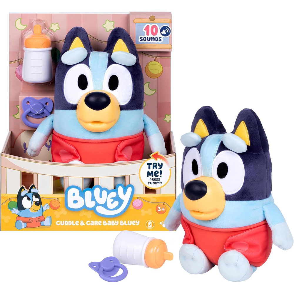 Bluey Care and Cuddle Baby Plush front view holding bottle