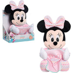 Disney Baby Hide and Seek Minnie Mouse interactive plush toy front view showing pink blanket