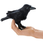 Folkmanis Mini Raven Finger Puppet front view showcasing realistic black plush feathers and detailed beak