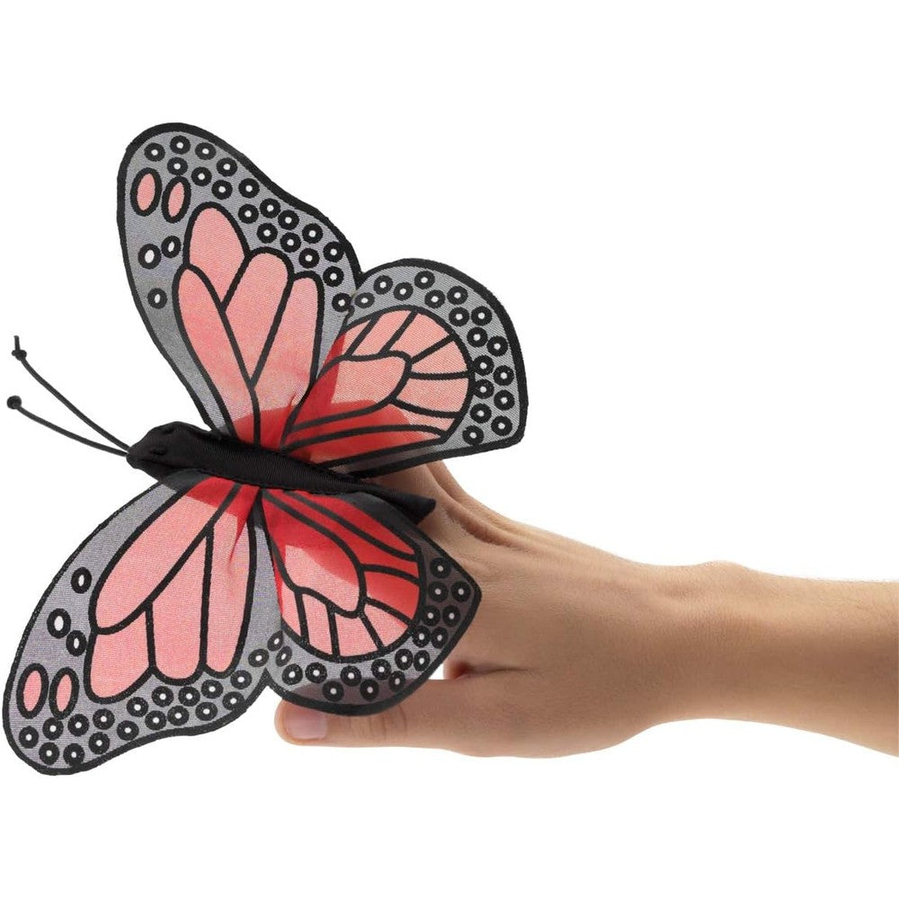 Folkmanis Mini Monarch Butterfly Finger Puppet front view showcasing realistic orange and black wings.