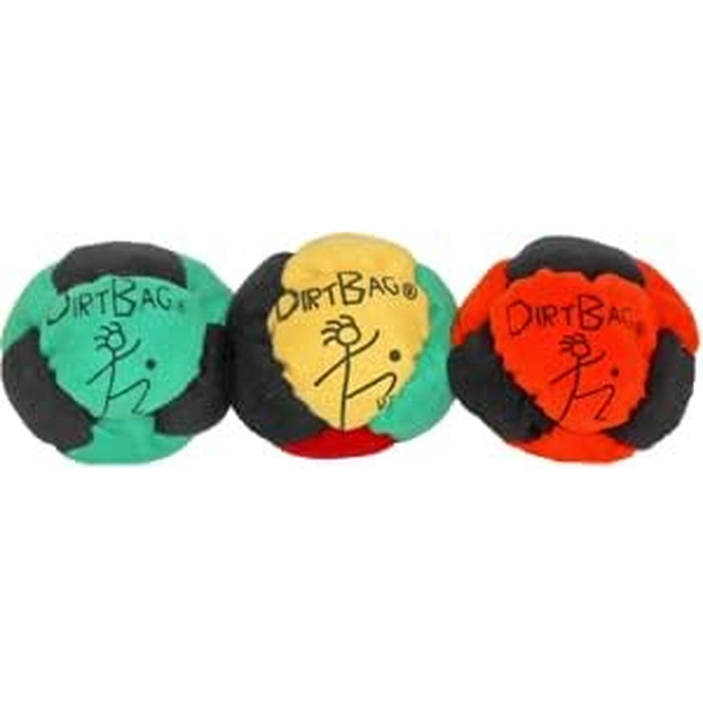 Dirtbag Classic Footbag Hacky Sack Three Pack front view showcasing vibrant color options and hand-stitched details.