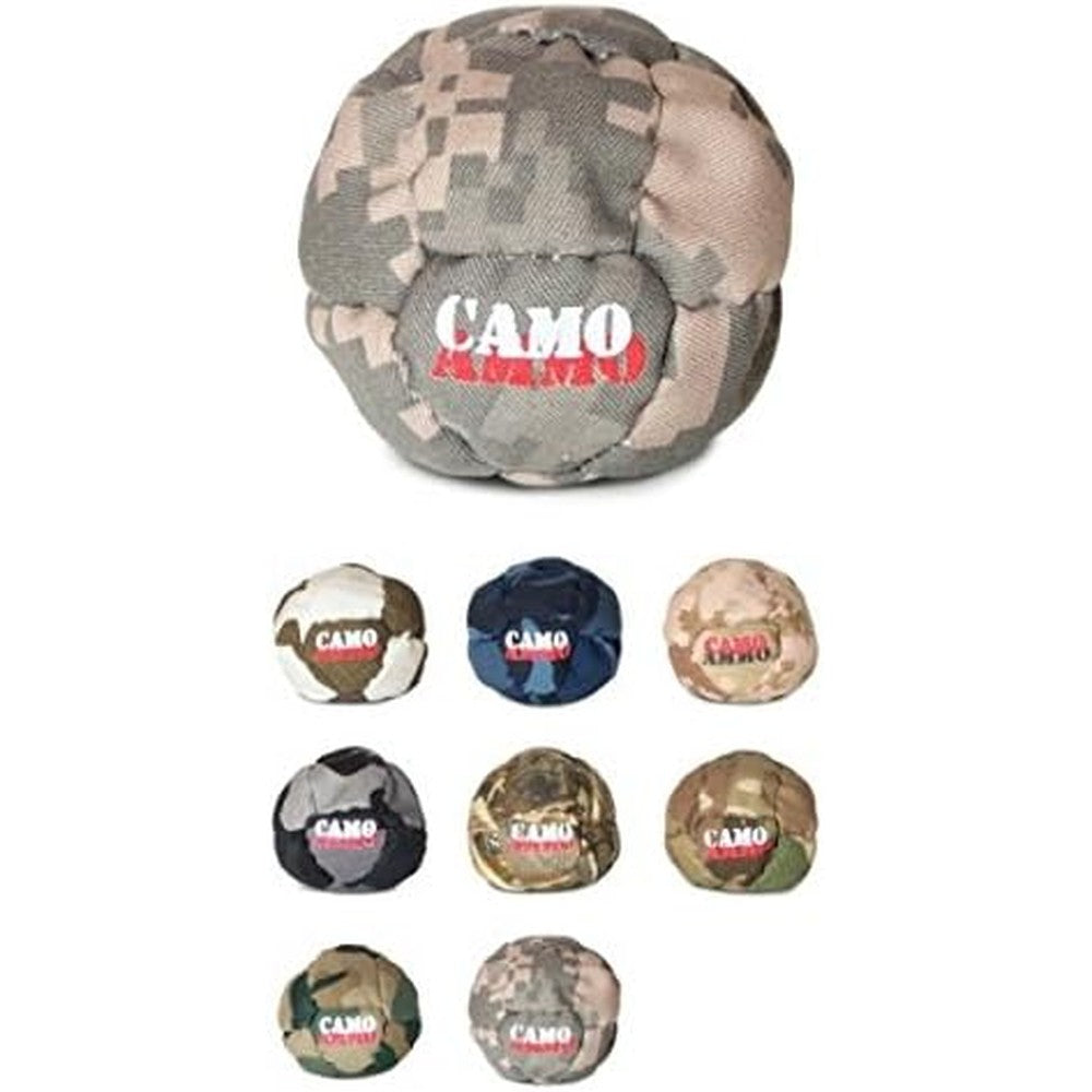 World Footbag Camo Ammo hacky sack showing front view of the 14 panel digital camouflage design