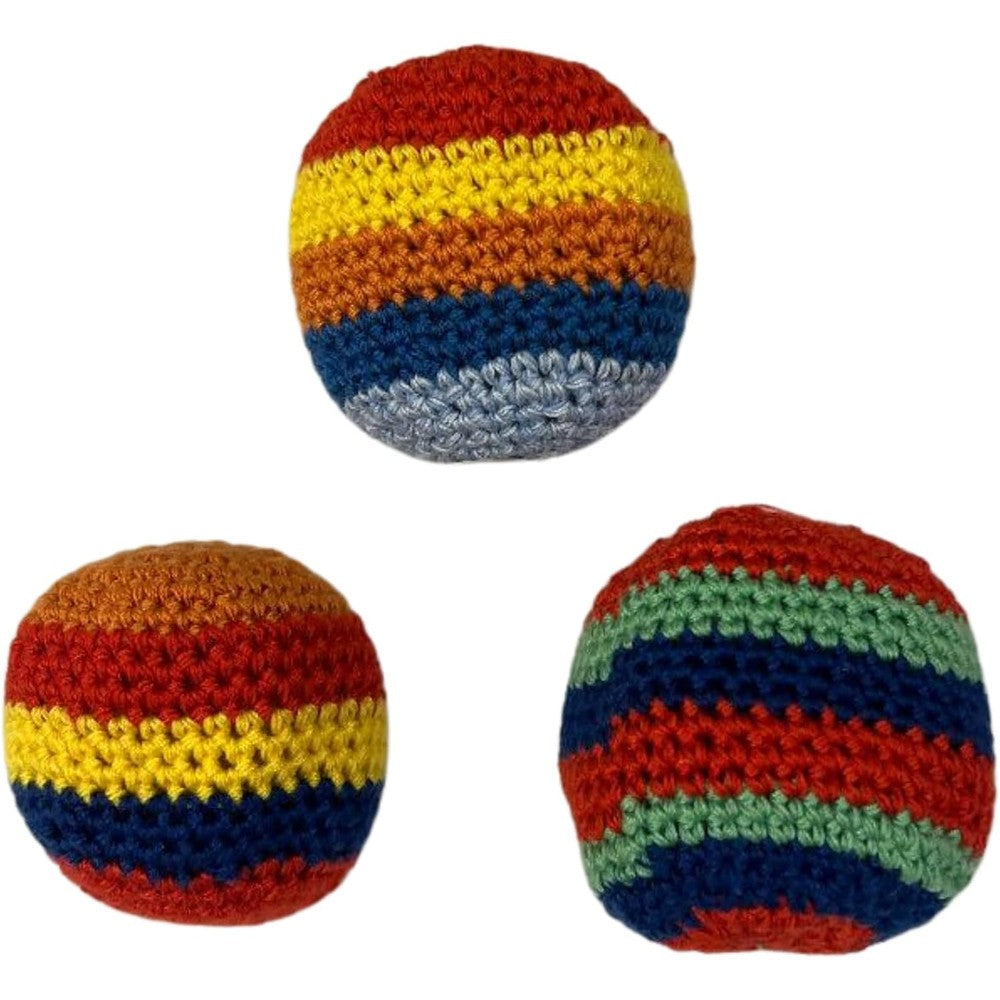Lunch Money Set of Three Hacky Sacks Footbags in assorted multicolor striped patterns showing handcrafted cotton crochet texture.