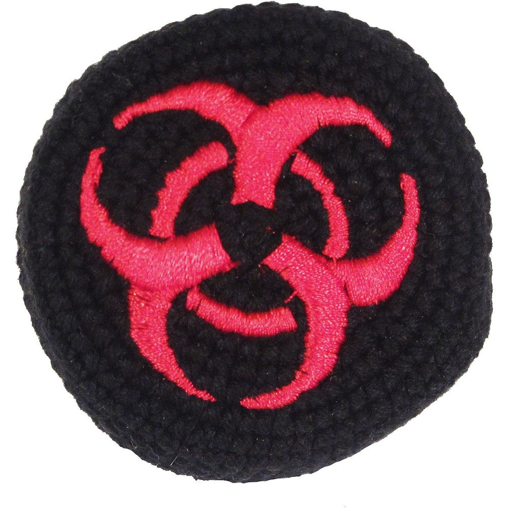 Fair Trade Handcrafted Biohazard Hacky Sack front view showing red embroidered symbol on black cotton footbag