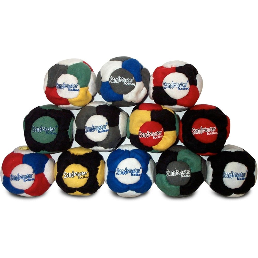 SandMaster Footbag Hacky Sack 12 Pack front view showcasing assorted colorful synthetic suede kicking bags.