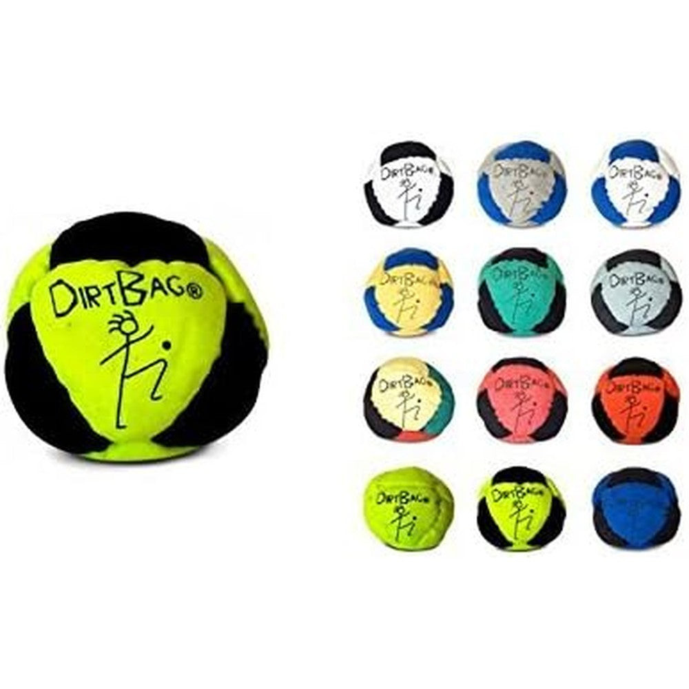 Dirtbag Footbag Classic Sand Filled Kicking Sack front view showing the neon yellow and black eight panel synthetic suede design.