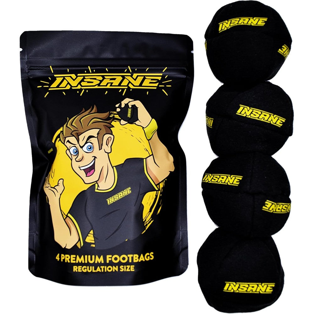 Insane premium footbag four pack front view showing the premium synthetic suede hacky sacks.