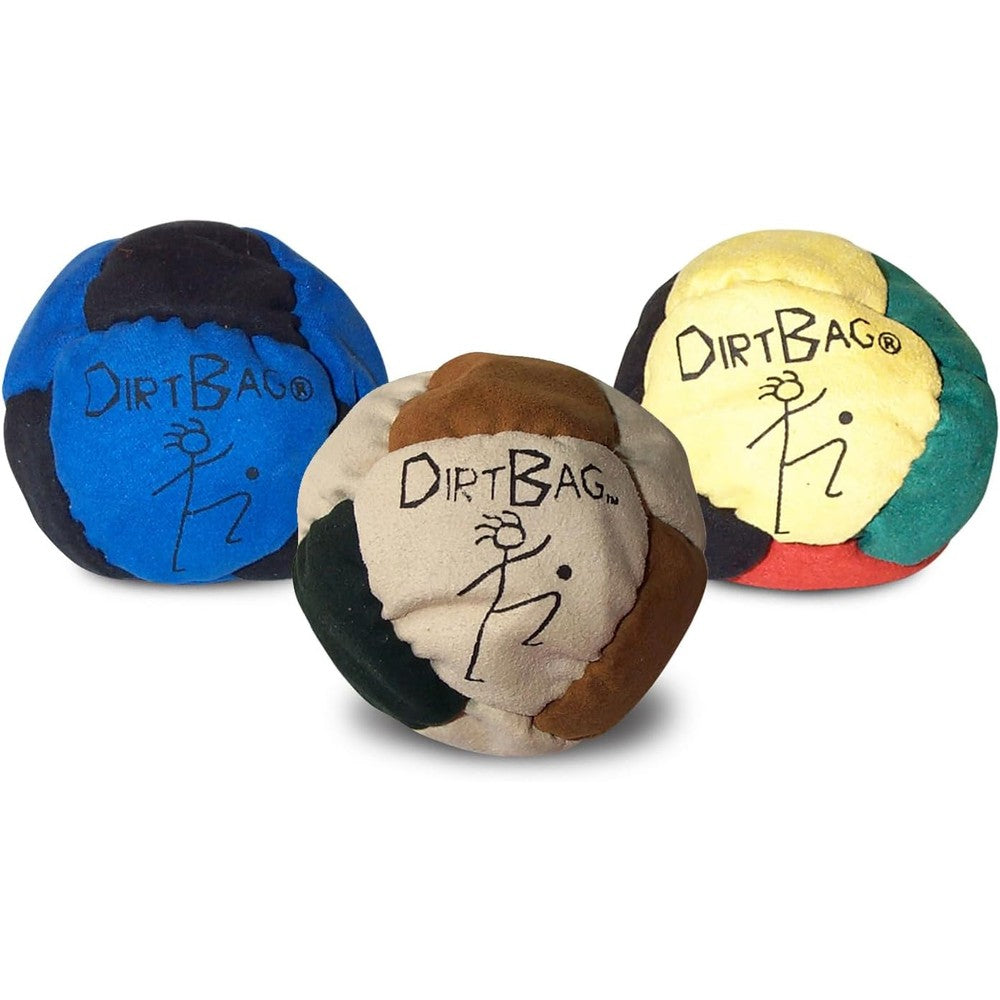 Dirtbag Eight Panel Sand Filled Footbag Three Pack showing the front view of assorted colored synthetic suede hacky sacks.