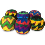 DIRTBAG Footbag Crochet 6-Pack front view displaying six multi-colored hand-made hacky sacks arranged neatly.