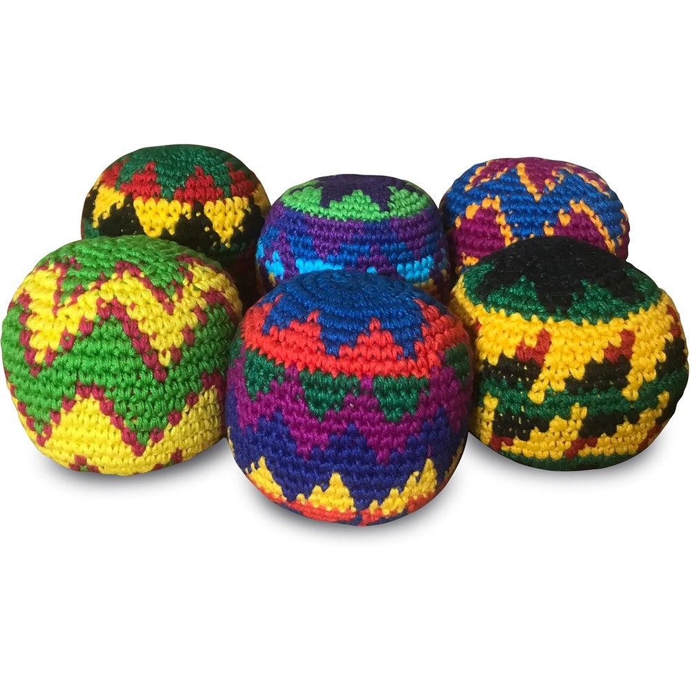 DIRTBAG Footbag Crochet 6-Pack front view displaying six multi-colored hand-made hacky sacks arranged neatly.