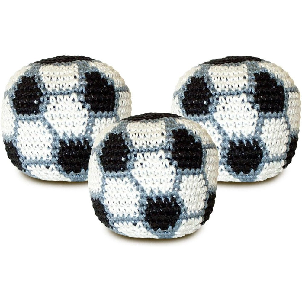 World Footbag Soccer Hacky Sack Three Pack front view showing authentic black and white crocheted cotton design.