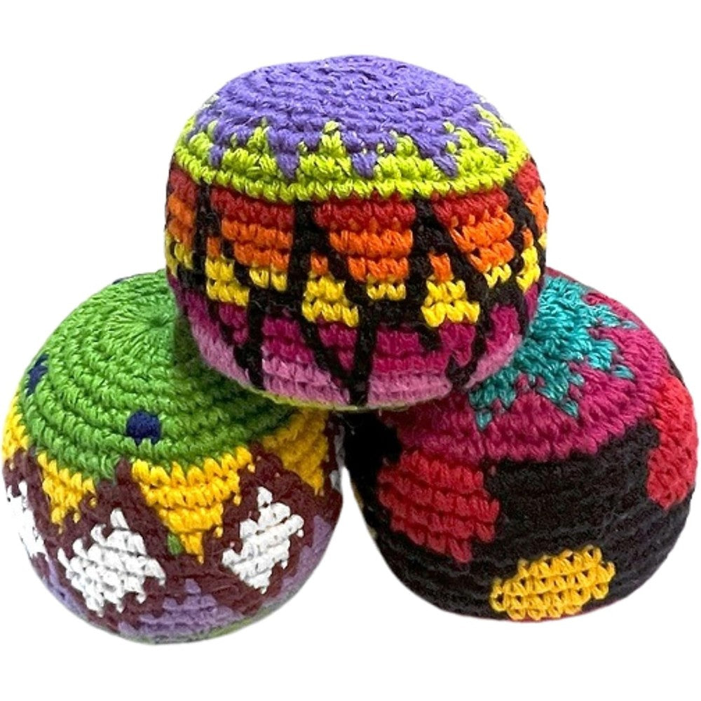 Mia Jewel Shop Spirit of Nature Footbag Set front view showcasing assorted multicolored handmade Guatemalan crochet hacky sacks.