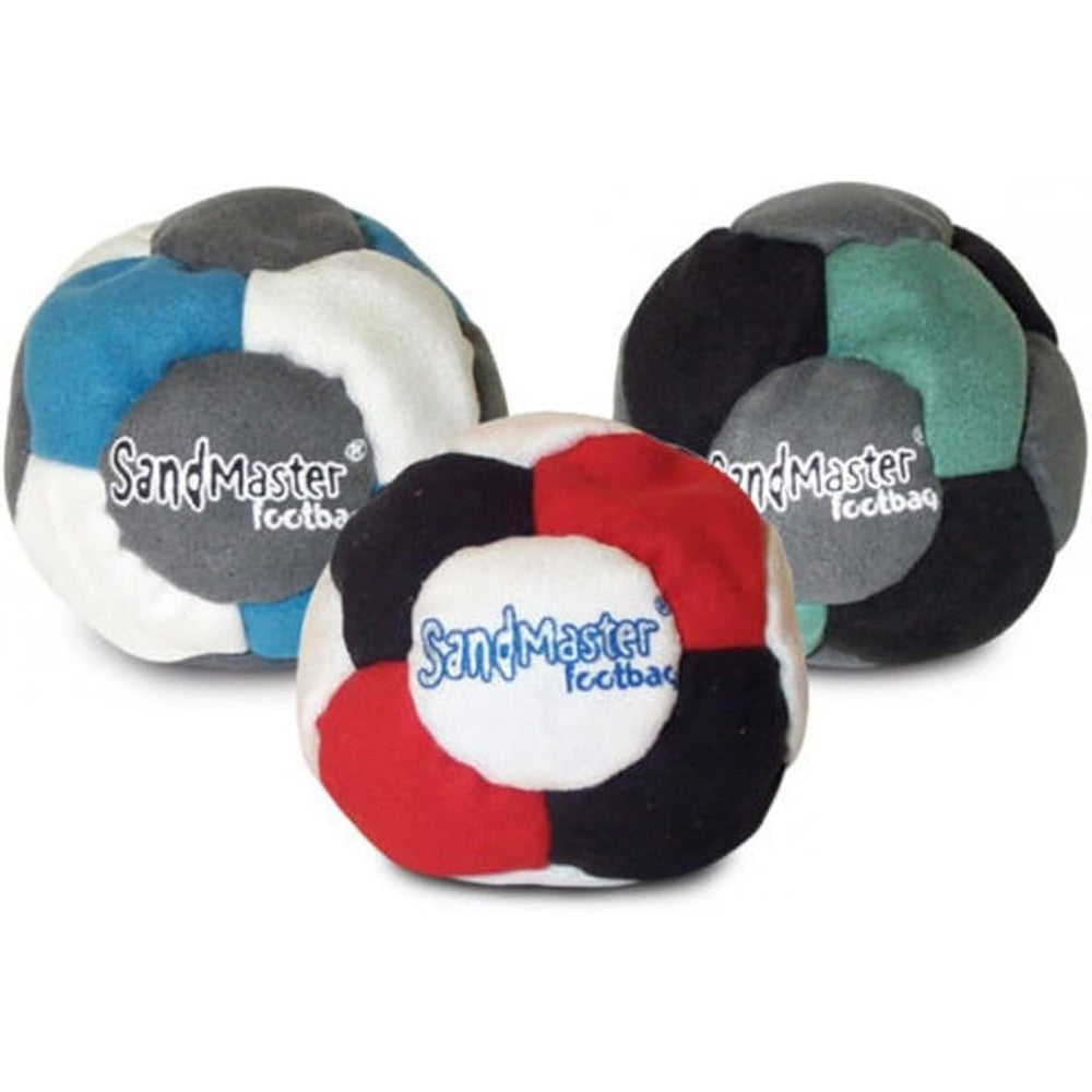 SandMaster World Footbag Hacky Sack Three Pack front view multicolor synthetic suede sand filled kick bags