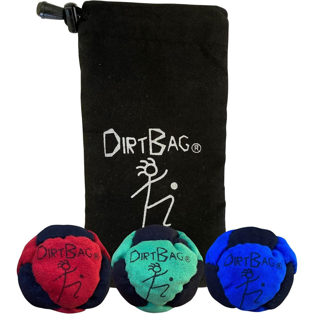 Dirtbag Classic Footbag 3 Pack front view showing three multicolored sand filled hacky sacks