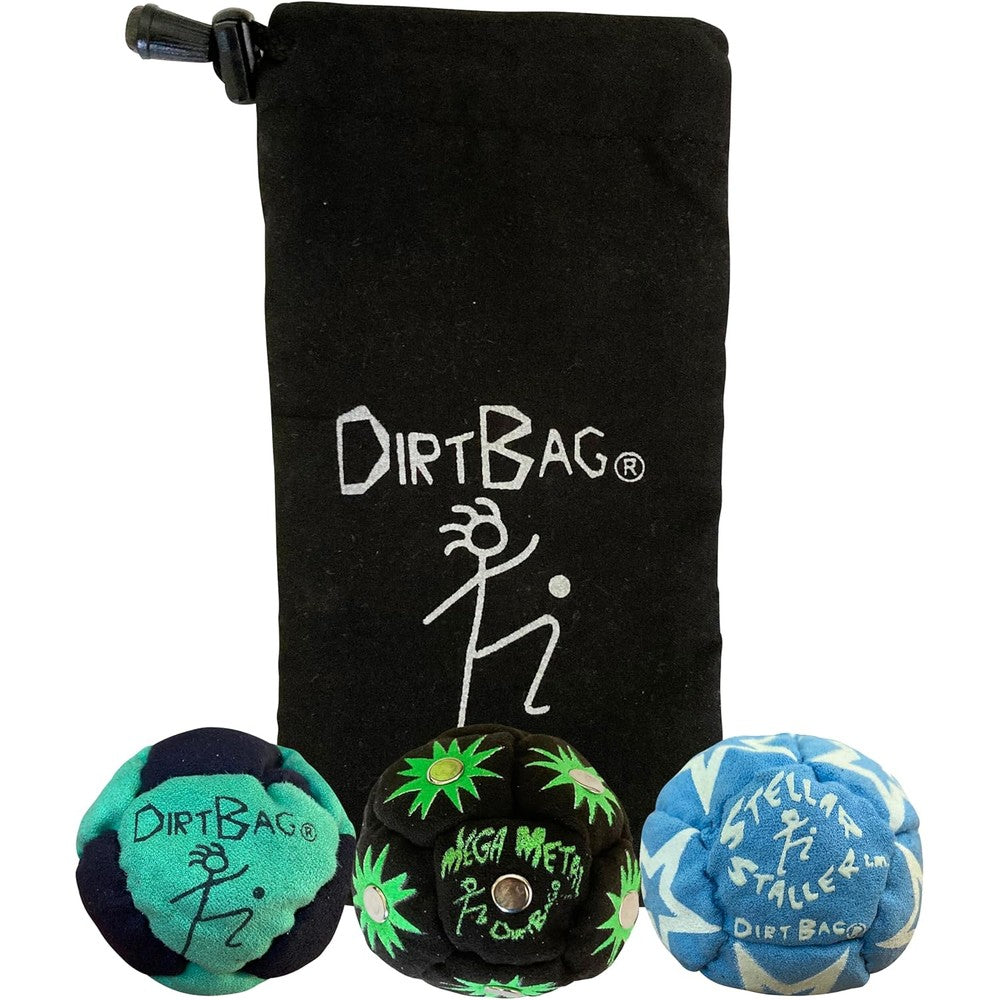 Dirtbag All Star Footbag Three Pack front view displaying three colorful handmade hacky sacks and black carry pouch.