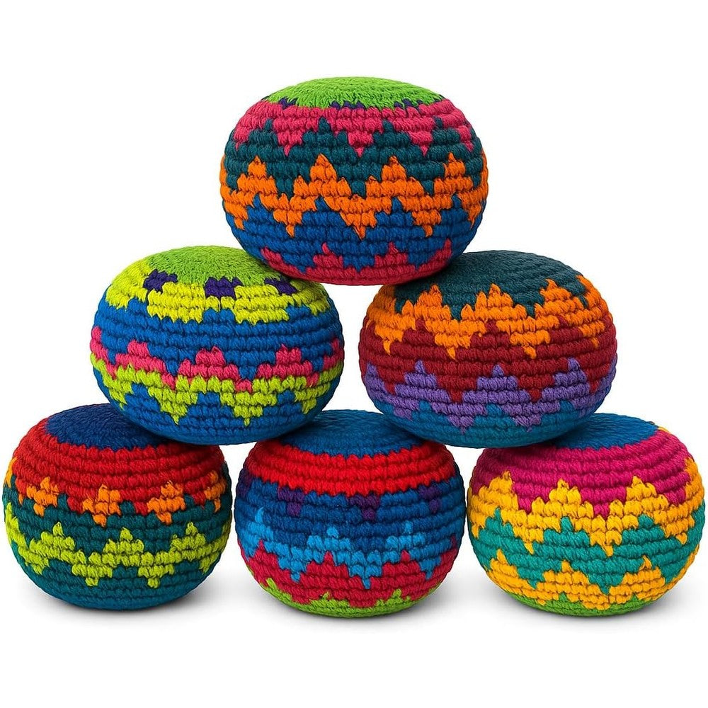 Funny Guy Mugs crochet hacky sack footbags set of 6 front view showing vibrant multicolored patterns.
