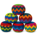 Funny Guy Mugs crochet hacky sack footbags set of 6 front view showing vibrant multicolored patterns.