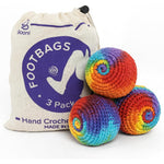 BOONI handmade crocheted footbag pack of three front view with drawstring storage pouch