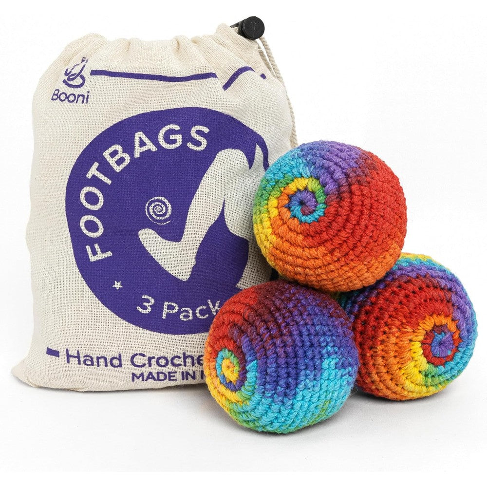 BOONI handmade crocheted footbag pack of three front view with drawstring storage pouch