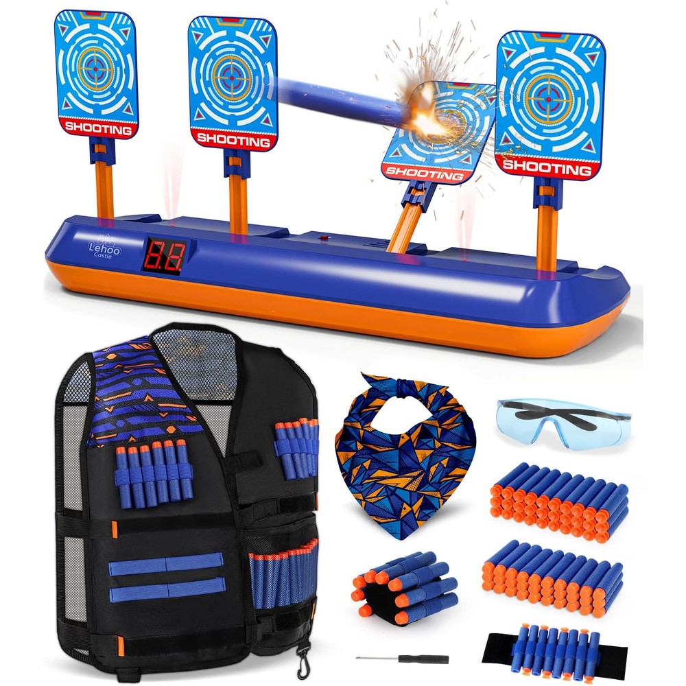 Lehoo Castle Electronic Shooting Target Set With Tactical Vest 60 Darts And Digital Scoring For Nerf Guns And Foam Blasters - Image 1