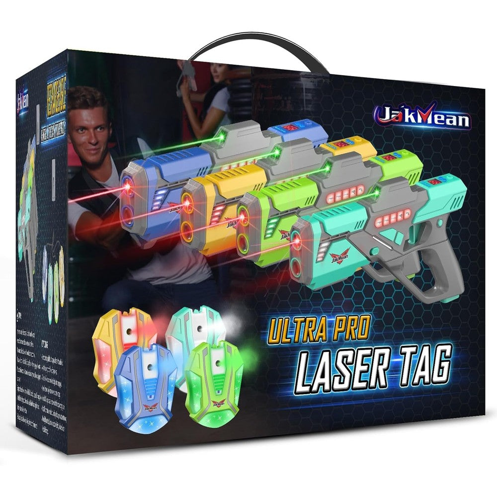 Jakmean rechargeable laser tag set front view with 4 guns and vests